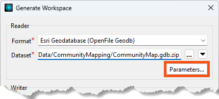 The reader Parameters button on the Generate Workspace dialog